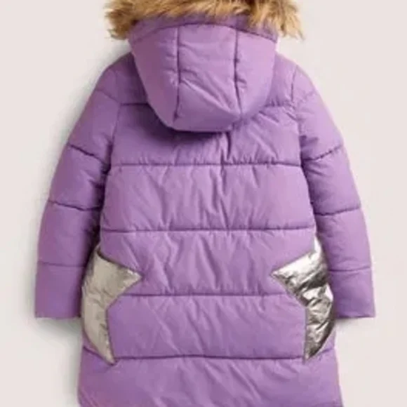 Boden Girls Longline Padded Jacket In Purple with Removable Faux Fur Trim Hood - Picture 11 of 11